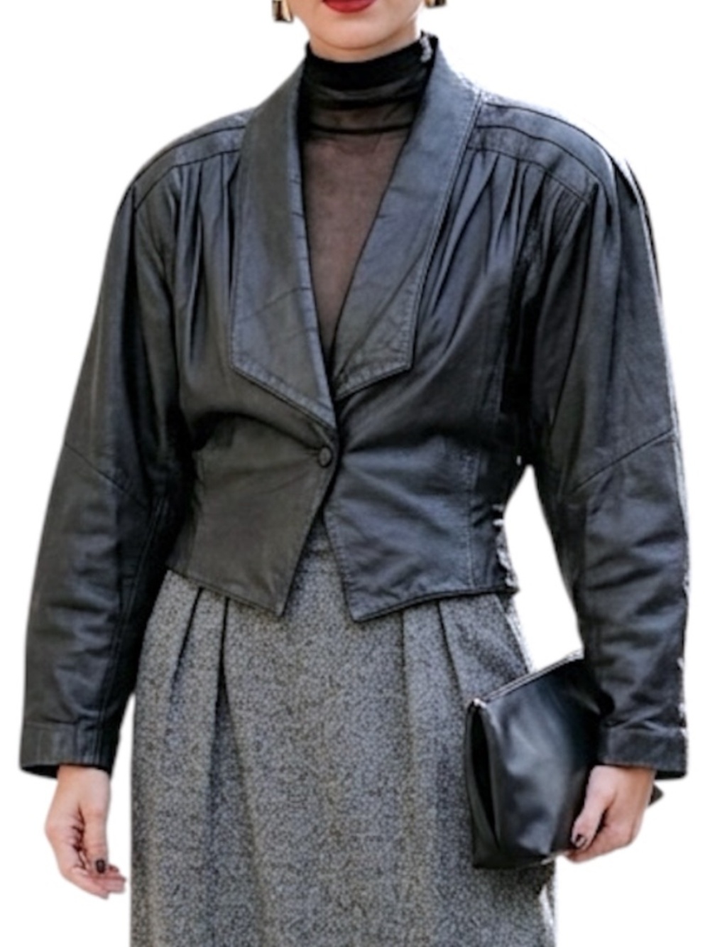 VTG 80s black leather power shoulder cropped hourglass batwing jacket blazer M